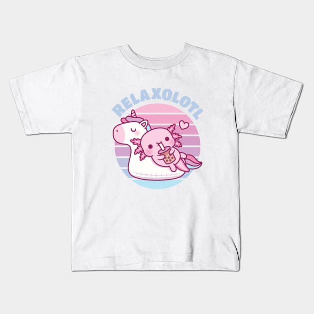 Cute Axolotl Chilling On Unicorn Pool Float Relaxolotl Kids T-Shirt by rustydoodle